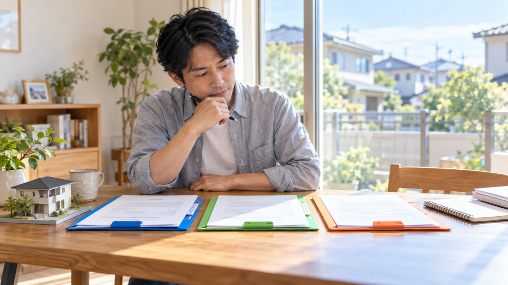 3種類の媒介契約書を比較しながら家の売却方法を考える男性