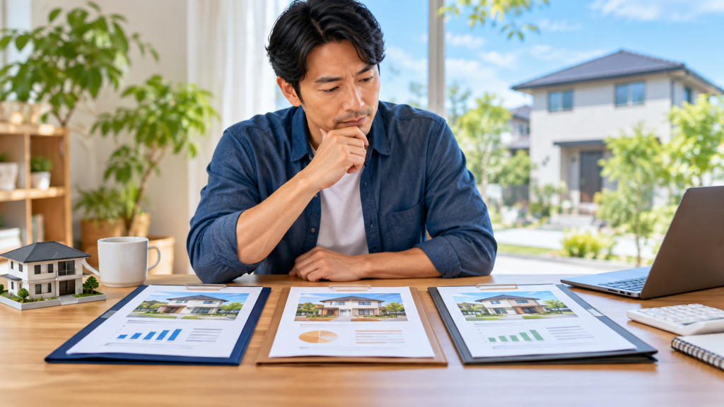 家の売却を任せる不動産会社を比較検討する男性