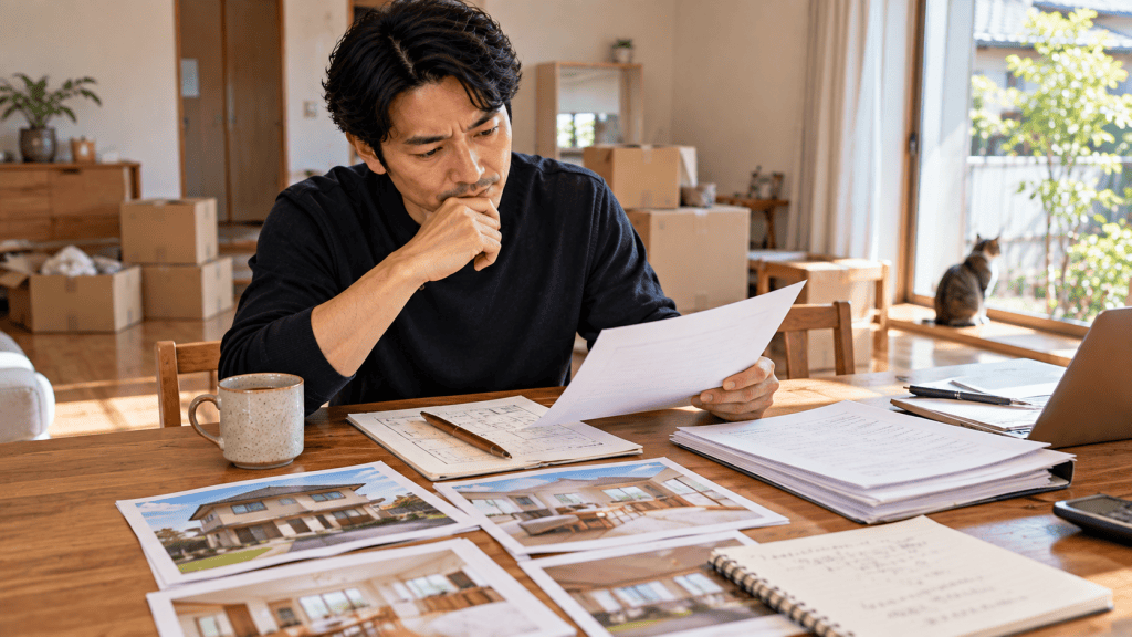 自宅売却の資料と物件写真を見ながら不動産会社の変更を考える男性
