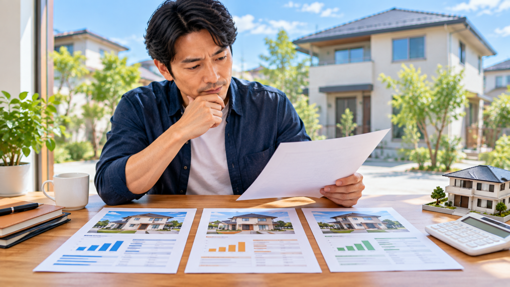 家の査定額を比較しながら売却価格を検討する男性