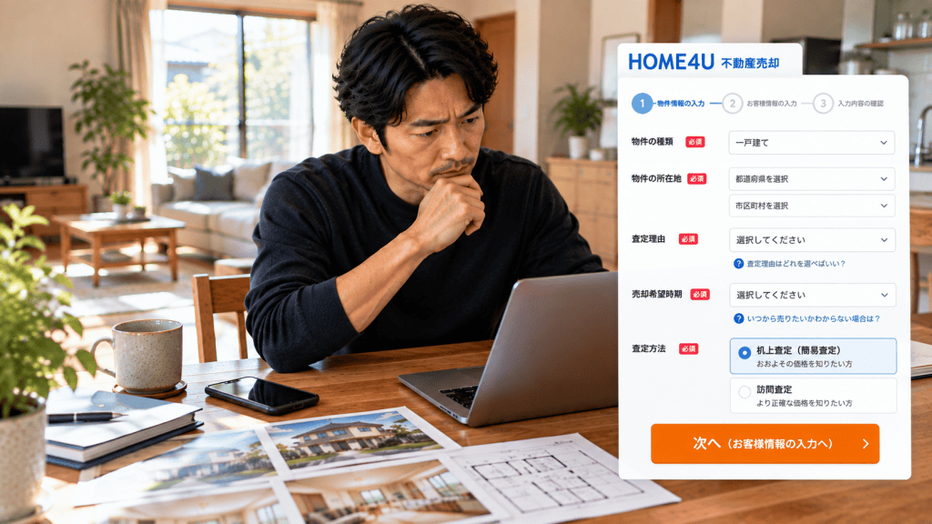 HOME4Uの査定理由・売却時期・机上査定の入力項目を確認する男性