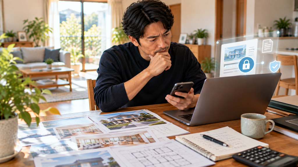 不動産一括査定HOME4Uの安全性や評判をスマホと資料で確認する男性