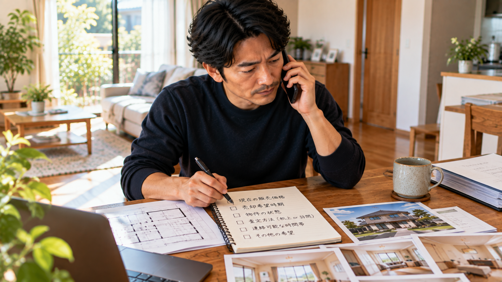 HOME4U査定後の電話で聞かれる内容をメモしながら確認する男性