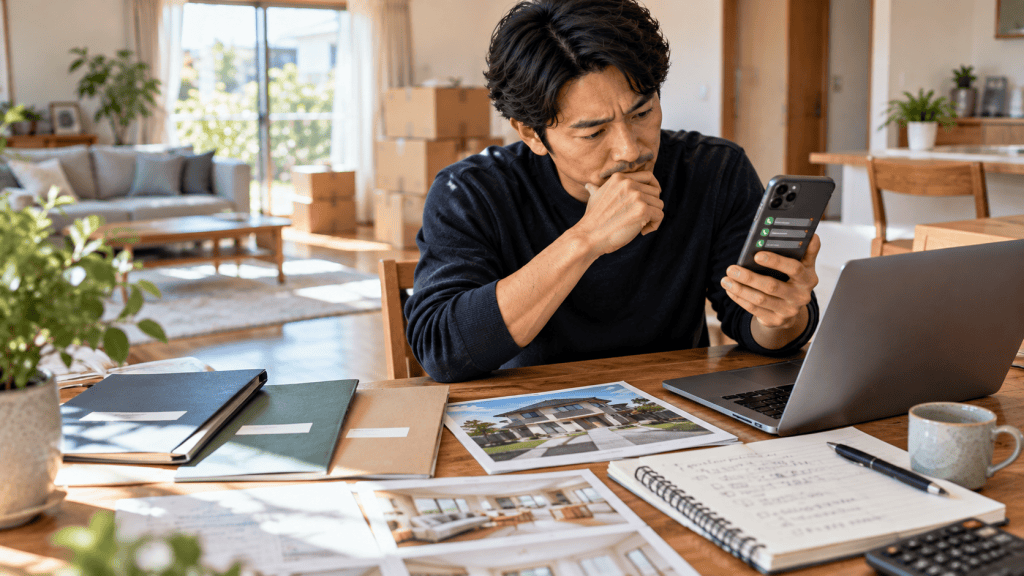 自宅売却の一括査定を申し込む前にスマホの連絡を気にする男性