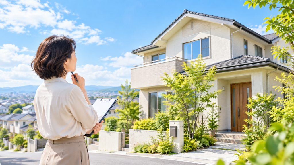 家の売却を考えながら戸建住宅を見つめる女性
