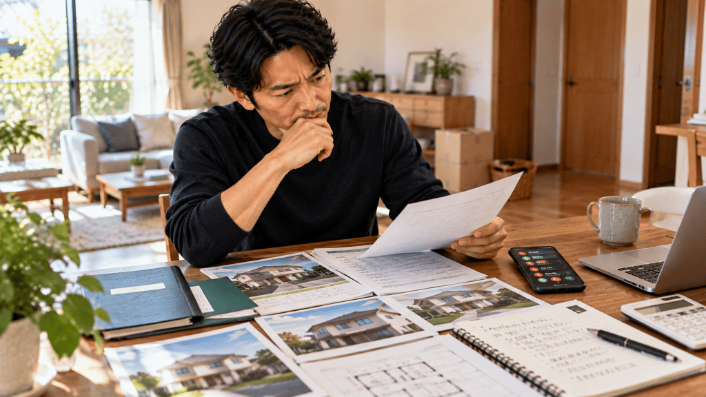 複数の着信と査定資料を前に不動産一括査定の利用を迷う男性