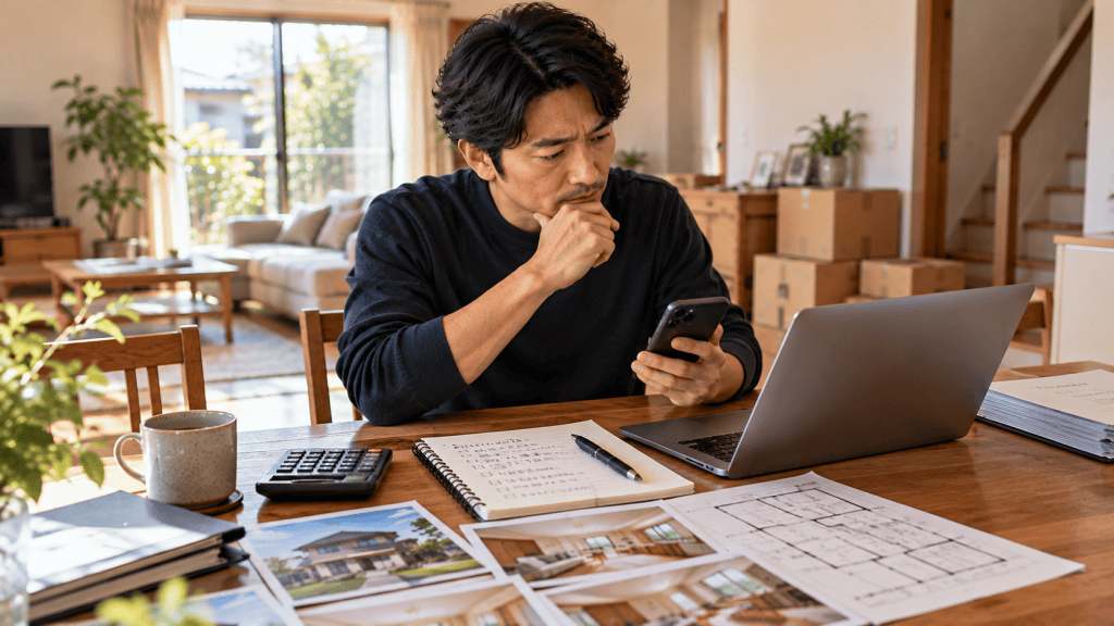 自宅売却の査定申込み前にスマホと物件資料を確認する男性