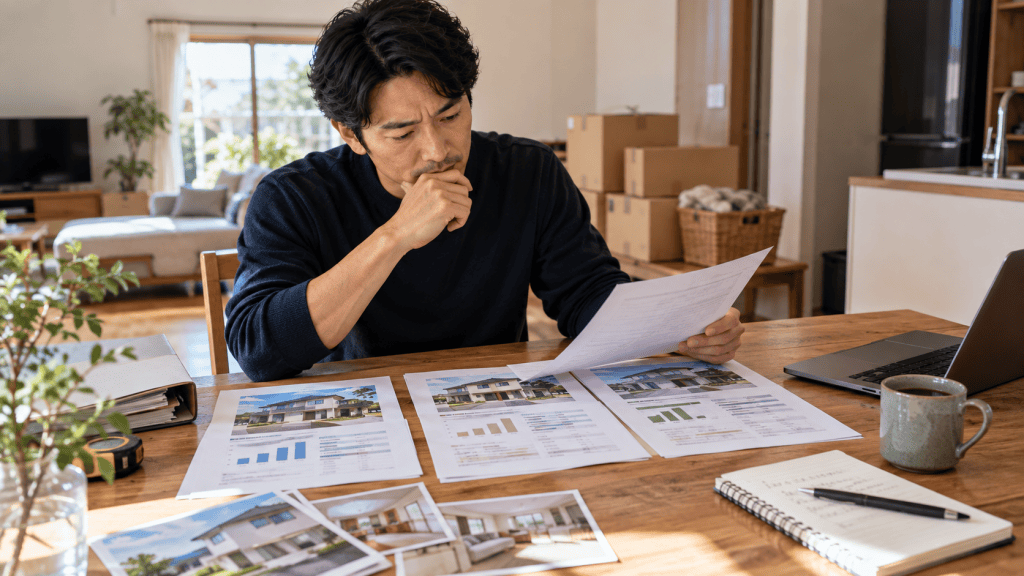 複数の不動産査定資料を見比べながら売却先を考える男性