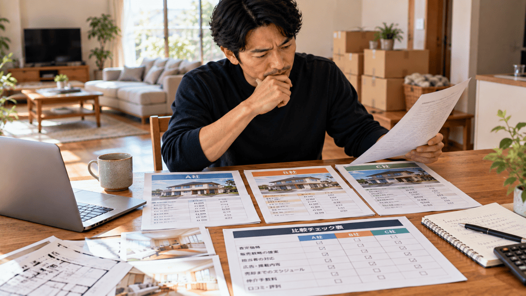 3社の不動産査定資料と比較チェック表を見比べる男性